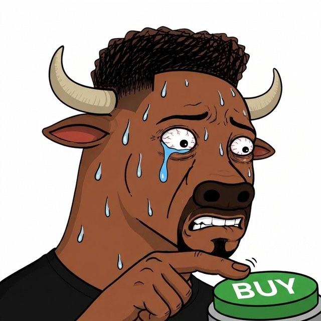 The bull sweating, finger hovering over a giant buy button