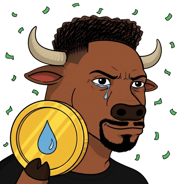 The bull proudly holding up the teardrop coin
