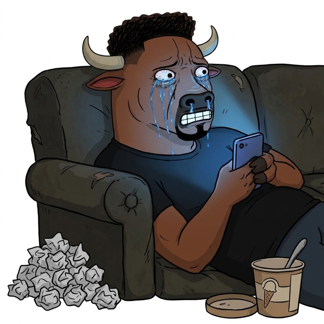 The bull slumped on a sofa in the dark, surrounded by tissues